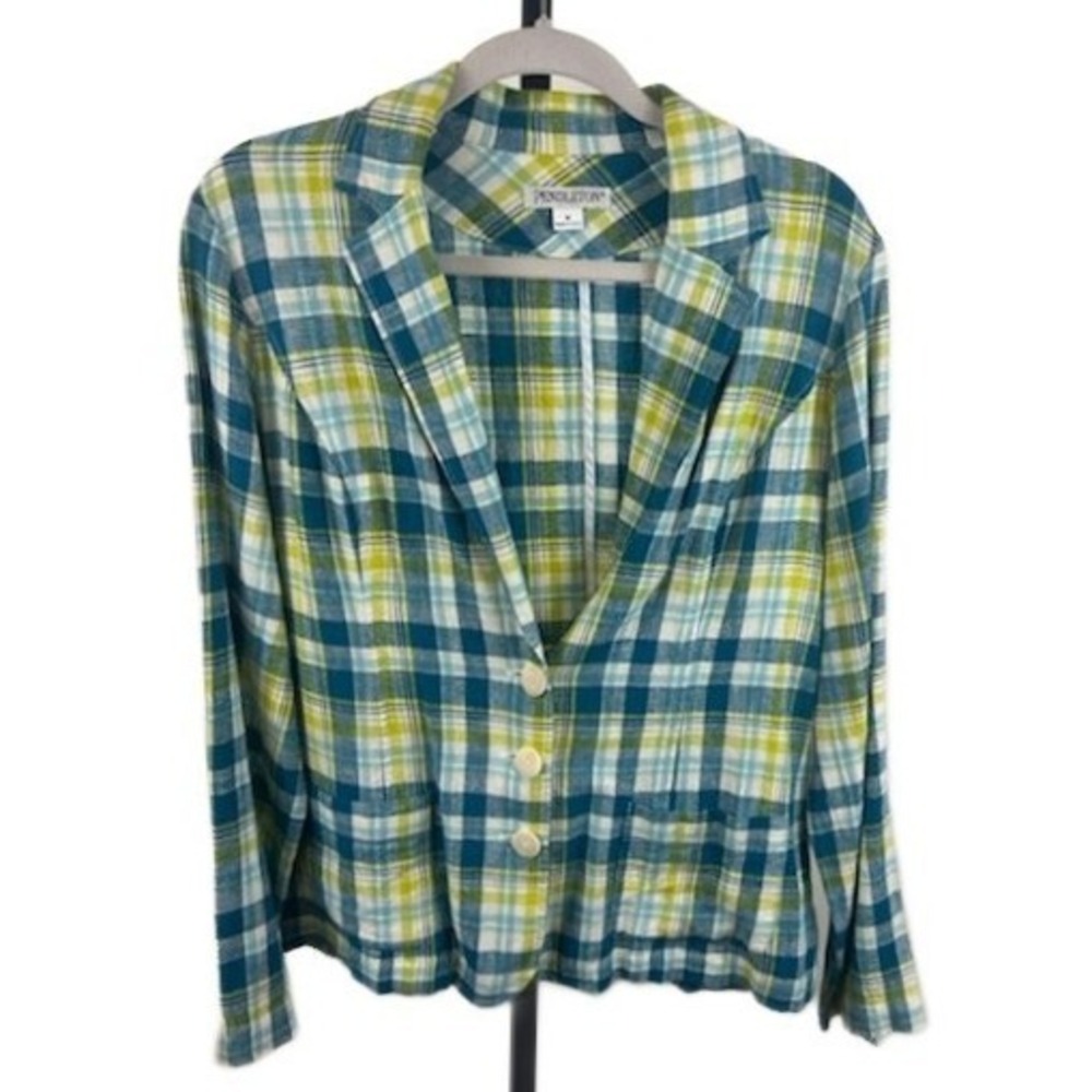 Pendleton Blazer Women's Size Medium Plaid Button Blazer Blue Yellow Linen Blend